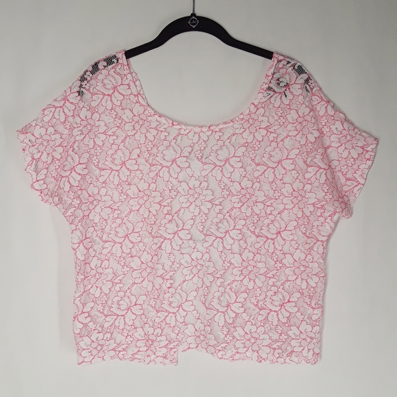 WET SEAL Pink White Lace Short Sleeve Bow Back Top XL - Picture 5 of 8